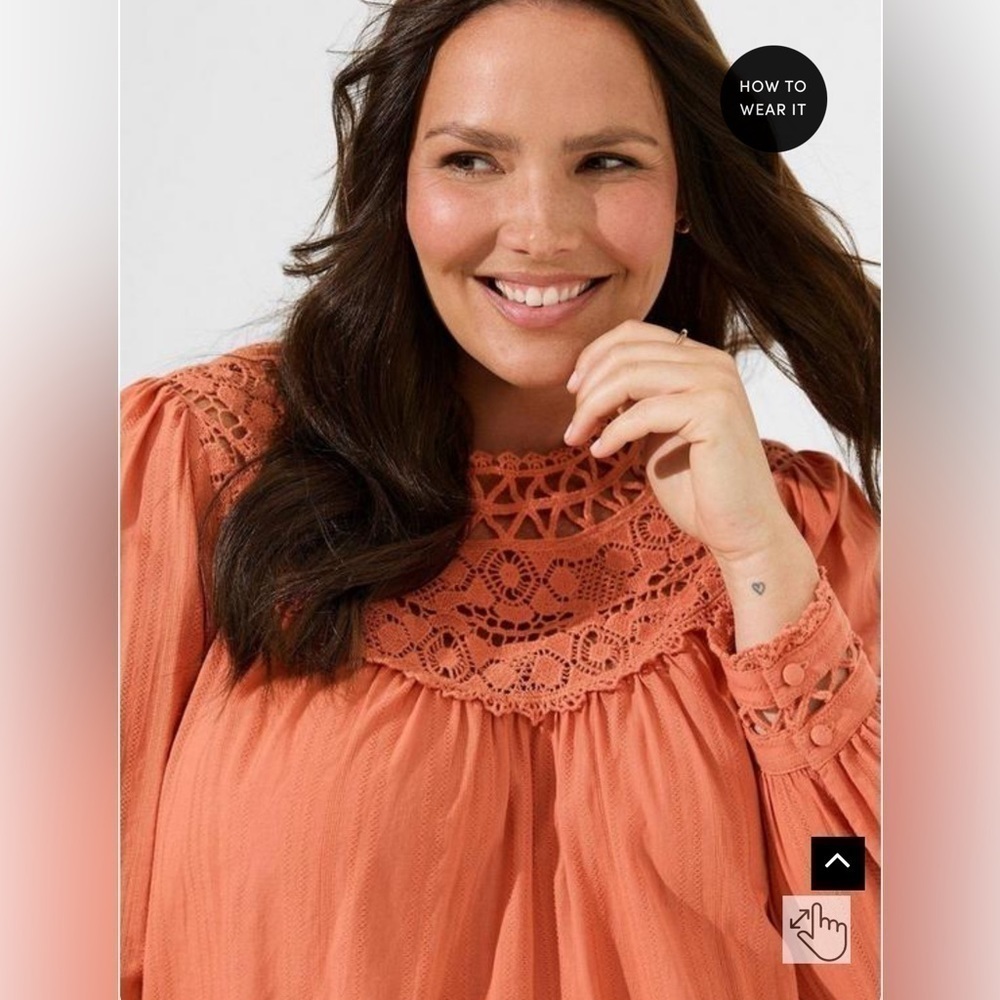 Cotton Lace Trim Yoke Blouson Sleeve Top - Apricot Brandy Orange Size 1 - Picture 4 of 6